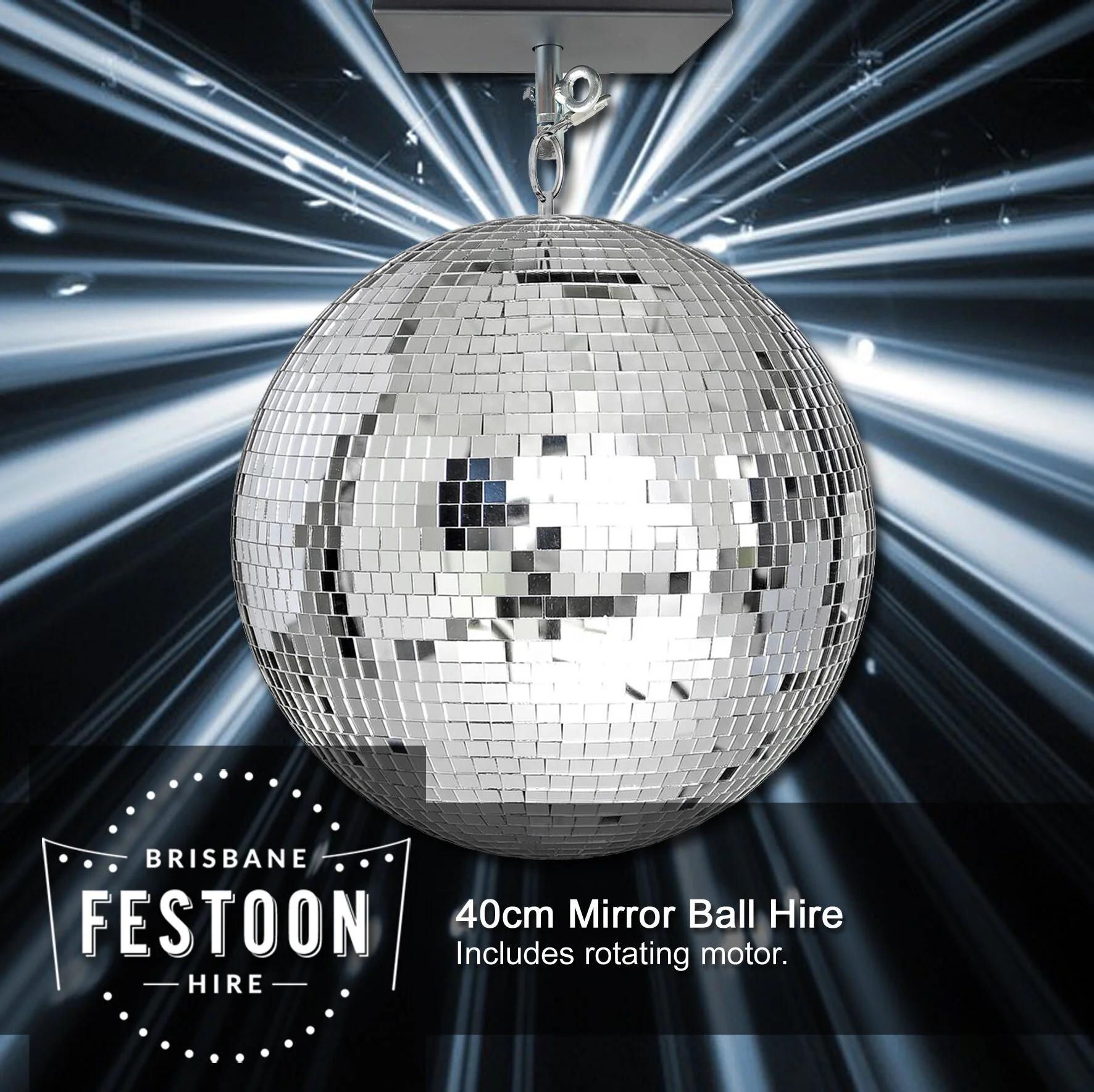 40cm Mirror Ball Hire • Brisbane Festoon Hire • Lighting Hire • We